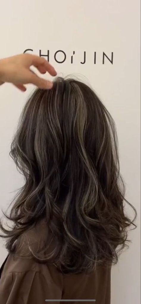 Balage Hair Dark Brown, Hair Colors For Darker Skin Tones, Cool Toned Brown Highlights On Black Hair, Hair Color Inspo Black Hair, Black And Dark Grey Hair, Balayage Touch Up Before And After, White Highlights On Dark Hair, Skeleton Brown Hair, Milk Tea Highlights On Black Hair