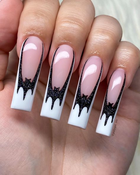 Bat Frenchies🦇✨ New YouTube video out now, link in bio GO WATCH - Nail Inspo @ksnailedit - - - - - - - - - #nails #nailsnailsnails… | Instagram Bat French Tip Nails Square, Bat Nails Designs, Bat French Tip Nails, Black Frenchies Nails, Batman Nails Design, Batman Nails Acrylic, Bat French Tip, Black Nails For Halloween, Halloween Nails Long