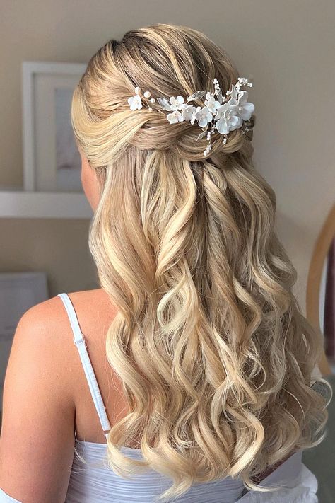 Love the bridal hairstyle half up half down. Hit follow for more inspo, and comment down below. Homecoming Hair Styles Half Up Half Down, Wedding Hair Ideas Half Up Half Down, Hollywood Half Up Half Down Hair, Half Up Half Down Wedding Hair Bun, Easy Half Up Half Down Wedding Hair, Bride Hairstyles Half Up Half Down Long, Bride Half Up Half Down, Volume Half Up Half Down, Brides Hairstyles Half Up Half Down