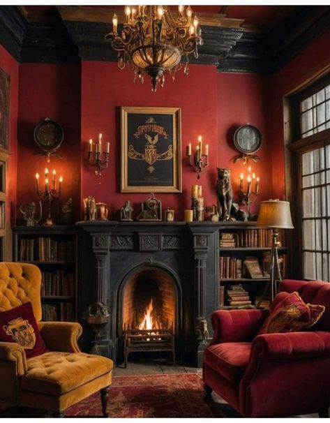 Medieval Living Room Decor, Maximalist Library Room, Victorian Red Room, Gold Velvet Couch Living Room Ideas, Red Wall Interior Design, Fireplace Dark Academia, Moody Red Living Room, Red Victorian Living Room, Red Vintage Decor