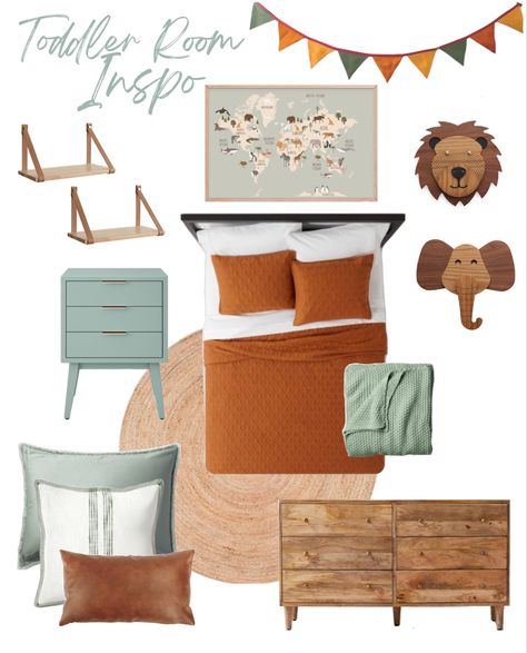 Olive Green And Burnt Orange Nursery, Boy Boho Bedroom, Safari Toddler Room Boys, Sage Green Kids Room, Orange Toddler Room, Toddler Nightstand, Toddler Safari Bedroom, Green Toddler Room Boy, Orange Boys Bedroom