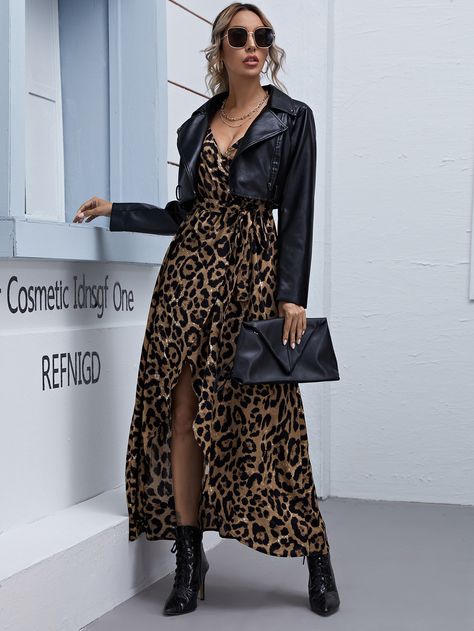 Leopard Print Self Belt Wrap Cami Dress | SHEIN USA Look Boho Chic, Coachella Dress, Holiday Party Dresses, Autumn Outfits, Leopard Dress, Leopard Print Dress, Looks Style, Brown Fashion, Cami Dress