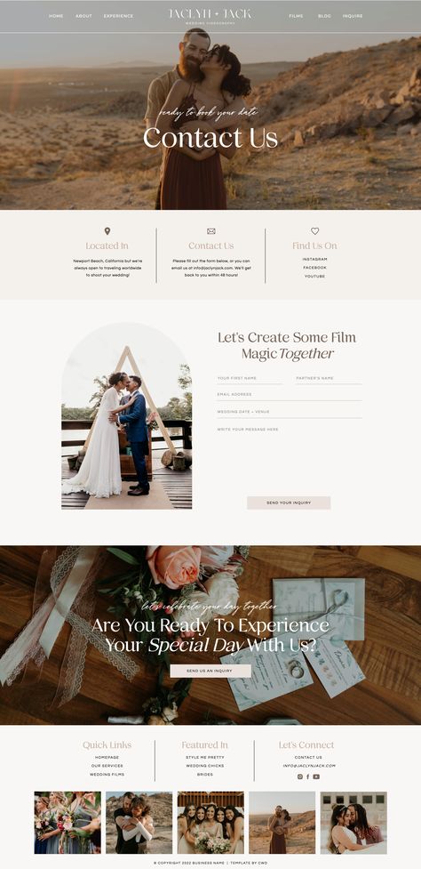 Showit Website Template for Wedding Videographers & Wedding Professionals | Contact Page Design Venue Website Design Inspiration, Wedding Website Photos, Wedding Photography Website Design Inspiration, Wedding Website Design Ideas, Wedding Videographer Website, Photographer Website Template, Website Design Photographers, Luxe Website Design, Wedding Website Design Templates