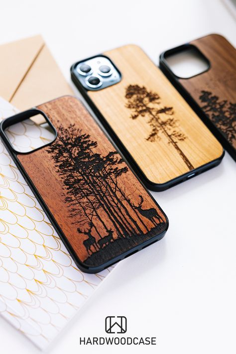 Custom iPhone Magsafe Wood Case with Wild Forest. Phone Case Design Ideas, Wood Phone Accessories, Wooden Iphone Stand, Mobile Phone Holder Wooden, Cellphone Speaker Wood, Chirstmas Gift, Wooden Phone Case, Phone Cover Design, Wood Phone Case