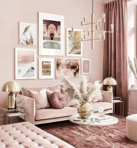 Beige Living Rooms, Gallery Wall Inspiration, Pink Living Room, Pink Room, Pink Wall Art, Living Room Decor Apartment, Inspiration Wall, Pink Walls, Agra