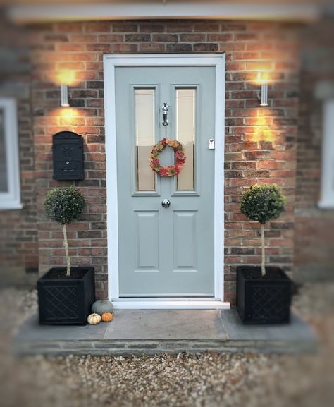 Front Door Lighting Exterior Uk, Front Composite Door, Painted Wooden Front Door, Light Grey Composite Front Door, Front Door Ideas Composite, Front Door Small House, French Grey Front Door, Wooden Front Door With Windows, Front Door Grey