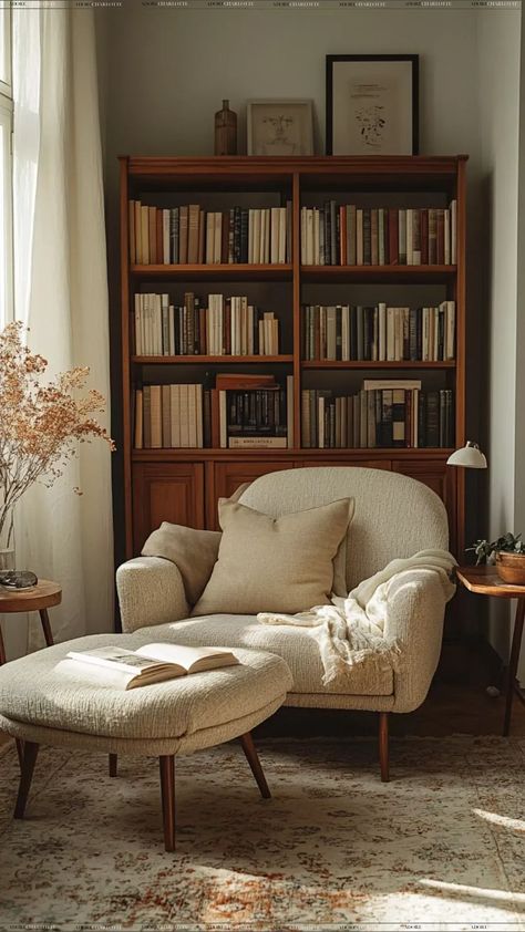 Small Back Room Ideas, Master Reading Nook Cozy Corner, A Small Living Room Decor, Chair And A Half Reading Nook, Living Room Small Space Apartments, Narrow Seating Area, Black Comfy Chair, Home Office Seating Area Small, Cute Sitting Room