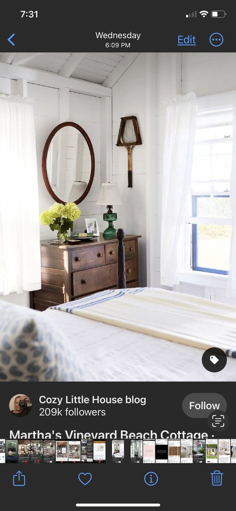 Bedroom With White Curtains, Phoebe And Mike, Marthas Vineyard Cottages, Red Dresser, Cottage Cozy, Cozy Little House, Simple Cottage, White Linen Bedding, Wicker Table