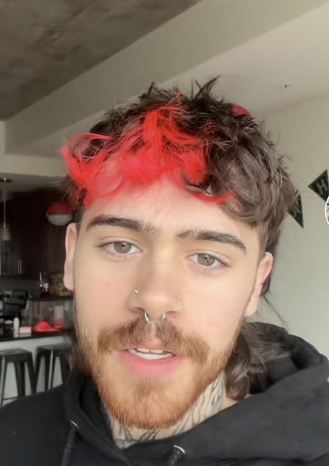 Mens Dyed Hair Ideas Curly, Split Dye Mullet Men, Male Split Dye Hair, Mens Split Dye, Colorful Mens Hair, Hair Color Designs Men, Queer Hair Color, Split Dyed Hair Men, Men’s Dyed Hair Ideas