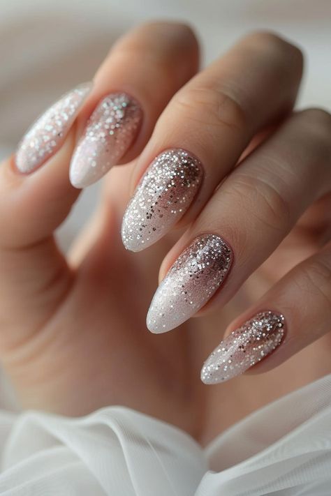 17 Ombre Nail Ideas That Are Gorgeous White And Glitter Ombre Nails, Sparkle Ombre Nails Almond, White Ombre Nails Almond, Christmas Ombre Nails, Ombré Nails With Glitter, Sparkly Ombre Nails, Ombre Glitter Nails, Ombre Nail Ideas, Glitter Ombre Nails