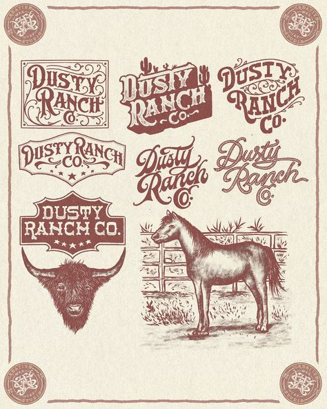 Dusty Ranch Co. Design Concepts 🤠 . #wakjaystudio available for commissions DM or Email me In bio for a project. Thank you 🤙🏻 . . . . . . . #appareldesign #logotype #rodeo #clothing#westernvibes #westernvibes #adventuretravel #ranchvibes #branding #creek #designlogo#rodeofashion #brand #vintage #vintagelogo #camp #logobranding#ranch #arizona #desert #letteringdesign#vintageapparel #arizona🌵 #adventure #company #cowboy #ranchlife Vintage Western Logo, Ranch Logo Design Ideas, Western Packaging, Cowboy Graphic Design, Typeface Inspiration, Rodeo Design, Artist Merch, Western Inspiration, Western Logo