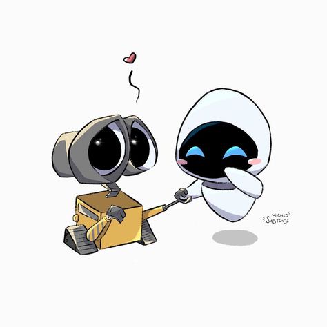 Michelle on Instagram: “Got inspired to draw Wall-e and Eve after watching the movie the other day. They are such a cute couple 💛! Check out the step by step ✏️ .…” Wallee And Eve Cute, Eva And Wall E Tattoo, Walle And Eve Painting, Wall E And Eve Painting, Eve And Wall E Drawing, Cute Couple Art Drawings Easy, Cute Couple Drawings Wallpaper, Cute Wall E Drawings, Cute Couple Drawings Ideas