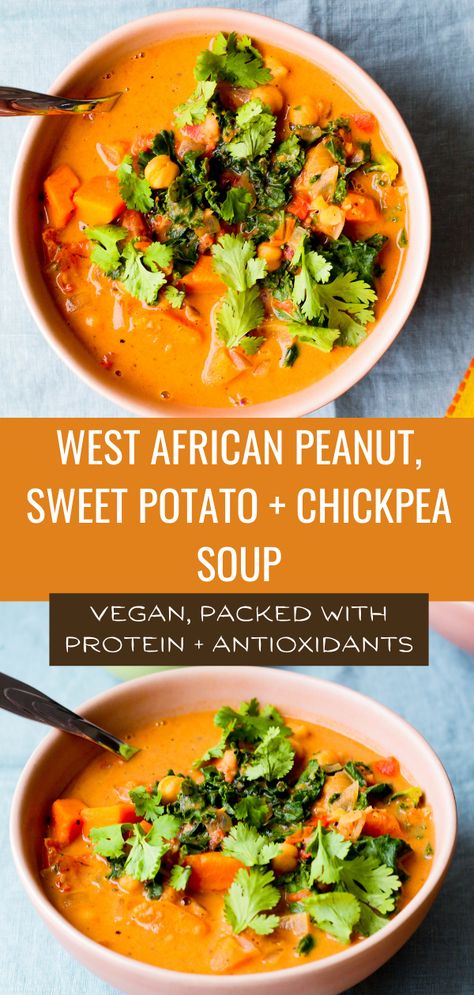 Spicy Peanut Soup With Sweet Potato And Kale, Peanut Chickpea, Chickpea And Sweet Potato, Peanut Butter Soup, Vegetarian Soups, Food Savory, Beans Recipes, Peanut Stew, Plant Based Soups