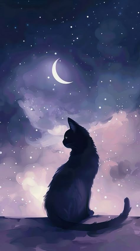 Cat Background Wallpapers, Cute Wallpapers Cat, Cute Black Cat Wallpaper, Cat Illustration Wallpaper, Nature Animals Wallpaper, Cute Cat Background, Cat Drawing Wallpaper, Black Cat Wallpaper, Moon And Stars Art