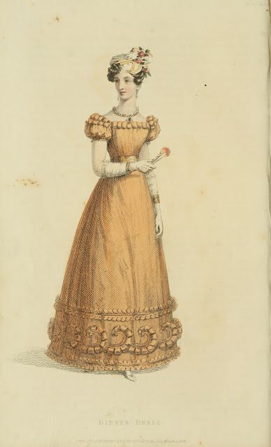 Regency Era Art, Plate Illustration, 1820s Fashion, Orange Gown, Regency Gown, Decades Of Fashion, Regency Era Fashion, 1800s Fashion, Regency Fashion