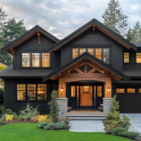 Dark House Interior Design, Dark Exterior House Colors, Loft Exterior, Craftsman Home Exterior, Country House Exterior, Black Houses, Lake Houses, Dark House, Home Exterior Makeover