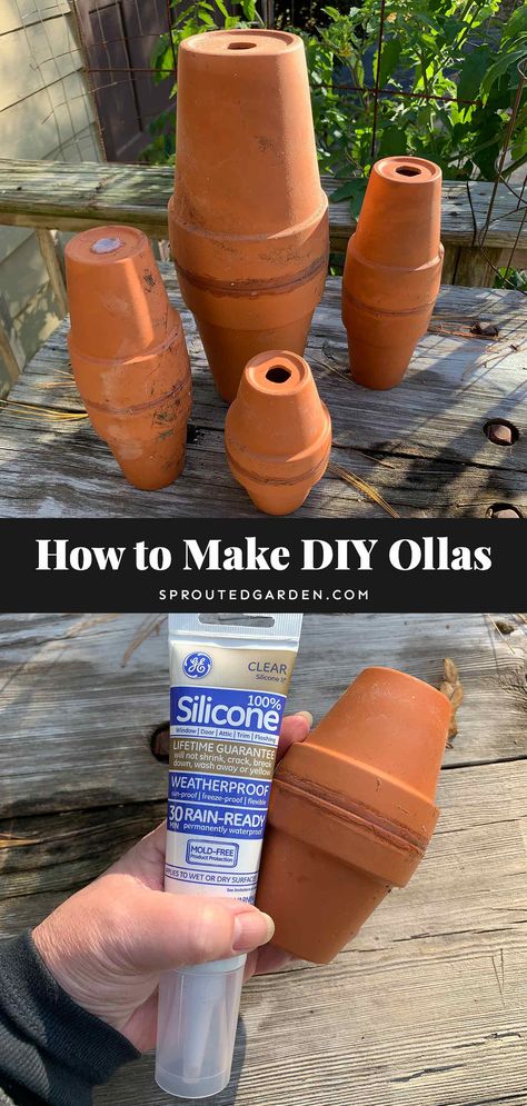 Four terracotta ollas on a wooden table. Watering Can Ideas, Olla Irrigation, Ancient Irrigation, Irrigation Diy, Can Ideas, Plant Watering System, Garden Watering System, Vegetable Garden Diy, Gardening Hacks