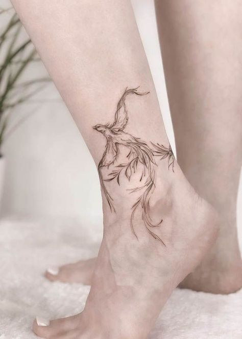 Phoenix Ankle Tattoo Feminine, Protector Tattoo Women, Burning Pheonix Tattoo, Ankle Phoenix Tattoo, Pheonix Feather Tattoos, Rising Phoenix Tattoo Feminine Small, Fine Line Pheonix Tattoo For Women, Phoenix Rising Tattoo For Women, Semi-colon Phoenix Tattoo