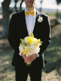 Polka dot bow tie! Tux Shirt, Yellow Bow Tie, Groom Bowtie, Yellow Bow, Prom Dresses Yellow, Bowtie And Suspenders, Wedding Apparel, Yellow Tie, Black Tux