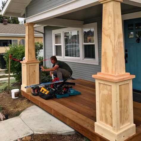 Craftsman Posts Columns, House Posts Columns Front Porches, Porch Columns With Stone, Deck Post Wrap Ideas, Diy Porch Columns Wraps, Front Porch Post Ideas, Front Porch Stone Steps, Porch Update, Craftsman Columns