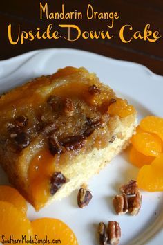 Easy + delicious Mandarin Orange Upside Down Cake with brown sugar and pecans. So delicious and only uses a few ingredients! Upside Down Mandarin Cake, Mandarin Orange Cobbler, Mandarin Orange Upside Down Cake, Mandarin Orange Recipes, Grapefruit Desserts, Orange Upside Down Cake, Mandarin Orange Cake, Senior Meals, Lent Season