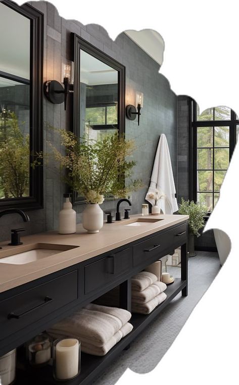 Masculine Master Bathrooms, Master Bath Dark Tile, Guest Bathroom Ideas Dark, Black Accent Master Bath, Men’s Dark Bathroom Ideas, Moody Master Bath Inspiration, Male Bathroom Ideas, Dark Bathroom Floors, Masculine Master Bath