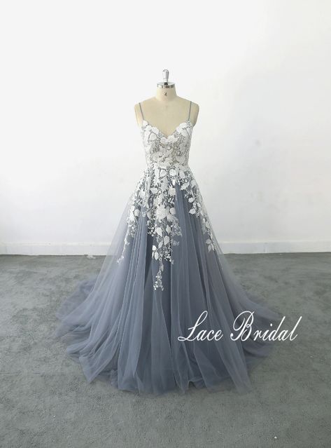 A-line Dusty Blue Tulle Lace Wedding Dress Romantic Lace - Etsy Baby Blue Wedding Dresses, Shimmer Wedding Dress, Lace Wedding Dress Romantic, Blue Lace Wedding Dress, Lavender Wedding Dress, Light Gray Wedding, Blue Wedding Gowns, Tulle Lace Wedding Dress, Wedding Dress Romantic