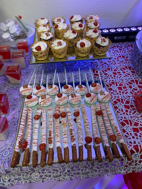 Quinceañera desserts table with roses theme. Red Dessert Table, Desserts Table, Chivari Chairs, Red Desserts, Red Wedding Theme, Snack Table, Candy Table, Red Wedding, Dessert Table