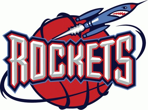 Houston Rockets Primary Logo (1996) - 'Rockets' on red basketball with a Rocket orbiting around it. Rockets Basketball, Rockets Logo, Change Logo, Famous Logos, Nba Logo, Nba Stars, Oklahoma City Thunder, National Basketball Association, Nba Teams