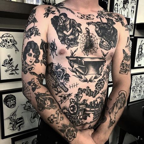 Traditional Tattoo Torso, Black Flash Tattoos, Traditional Chest Tattoo, Traditional Chest, Traditional Black Tattoo, Tattoo Catalog, Traditional Tattoo Inspiration, Full Leg Tattoos, Full Tattoo