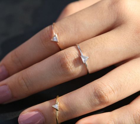 14k Trillion ring, Triangle Gold with Diamond Ring, Rose Gold Engagement Ring, Triangle Diamond Ring Trillion Diamond Ring, Triangle Diamond Ring, Trillion Ring, Open Cuff Ring, Trillion Diamonds, Triangle Diamond, Gold Bar Earrings, Sweet Jewelry, Gold Triangle