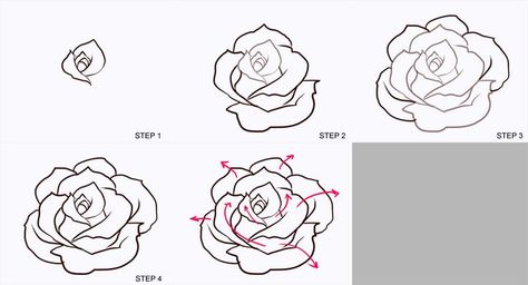 Flower thingy making thing...? Rose Drawing Simple, Rose Step By Step, Draw A Rose, Flower Step By Step, Rose Sketch, Realistic Rose, Tattoo Rose, Drawing Faces, Rose Drawing