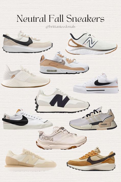 Tan sneakers collage with multiple tennis shoes on it. Tan Veja Sneakers Outfit, Neutral Color Tennis Shoes, Beige Nike Shoes Outfit, Lifestyle Sneakers Women 2023, Neutral Everyday Shoes, Womens Fall Sneakers Outfit, Chic Tennis Shoes, Tan And White Sneakers, Autumn Sneakers 2023