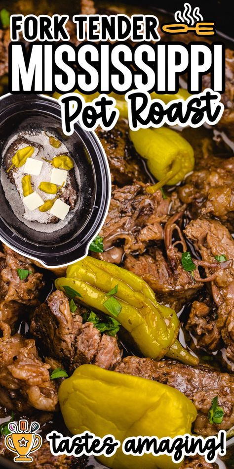 This Mississippi Pot Roast recipe is made with just a few simple ingredients and slow-cooked to perfection in the crockpot. Mississippi Roast Crock Pot, Rump Roast Crock Pot Recipes, Pot Roast Stew, Post Roast, Mississippi Pot Roast Crockpot, Pot Roast Vegetables, Pot Roast Gravy, Chuck Roast Crock Pot Recipes, Roast Beef Crock Pot Recipes