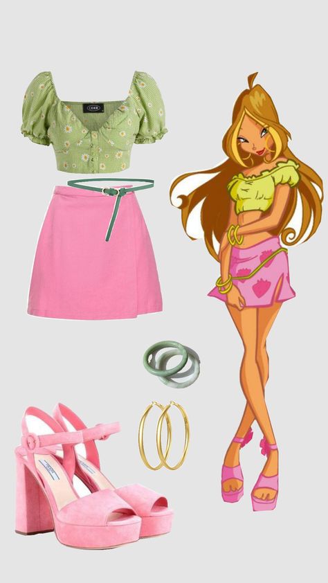 Wind Flora Costume, Flora Costume Ideas, Flora Winx Club Outfit Inspired, Winx Club Outfits Flora, Winx Flora Costume, Flora Inspired Outfits, Flora Winx Club Outfit, Winx Club Inspired Outfits, Winx Inspired Outfit