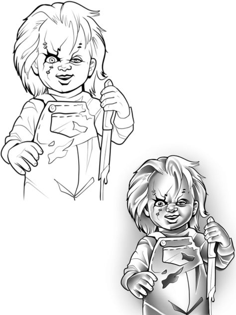 Chucky And Tiffany Tattoo Stencil, Chucky Vs Chuckie Tattoo Stencil, Chuckie Tattoo Design, Chucky Tattoo Outline, Chucky Doll Tattoo, Chucky Stencil, Chucky Doll Drawing, Chucky Drawing Easy, Chucky And Tiffany Drawing