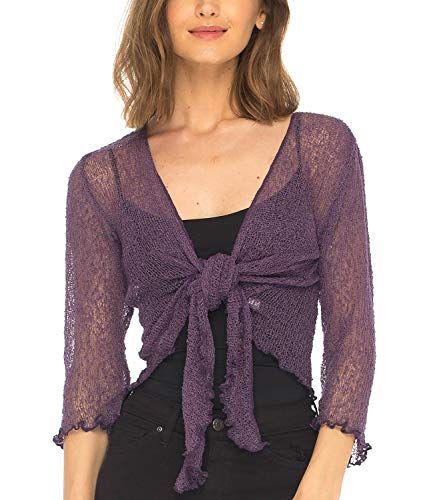 Sheer Cropped Cardigan, Shrug And Tank Top, Purple Sheer Top, Tie Up Cardigan Outfit, Shrug Cardigan Outfit, Mesh Cardigan Outfit, Sheer Cardigan Outfit, Lace Tie Front Top, Bubblegum Aesthetic