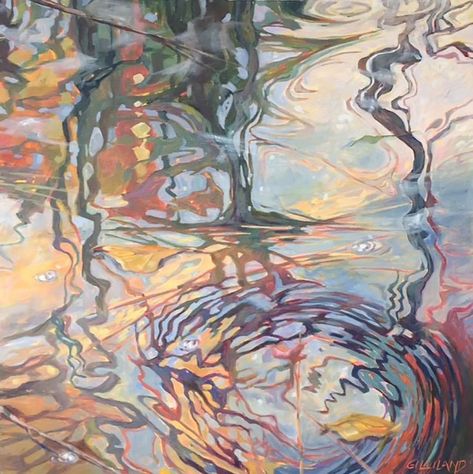 Persons Reflection In Water, Reflections In Puddles, Flowing Water Painting, Water Movement Art, Reflections On Water, Water Reflections Art, Water Movement Drawing, Reflections In Art, Water Abstract Art