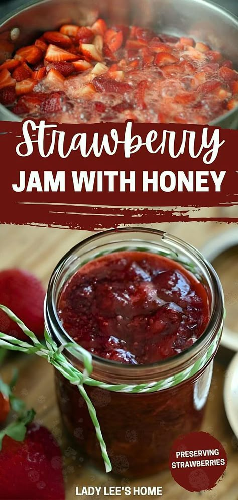 Strawberry jam with honey and strawberry recipes & preserving strawberries blend perfectly in this delightful recipe. Discover how to make jam without pectin, using just strawberries, honey, and chia seeds for a healthier twist. This easy-to-follow recipe is great for beginners and preserves the fresh flavors of summer beautifully. Find more fruit preserves, home canning recipes, and water bath canning recipes at ladyleeshome.com Homegrown Strawberry Recipes, Canning Strawberries Recipes, Home Made Strawberry Jam, Strawberry Canning Recipes, Strawberry Jam Recipe Canning, Strawberry Jam With Honey, Healthy Strawberry Jam Recipe, Preserving Strawberries, Strawberry Jam Recipe With Honey