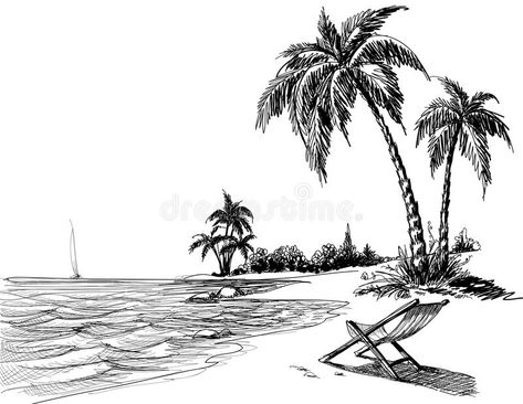 Summer beach pencil drawing. Hand drawn illustration of summer beach with palm t #Sponsored , #Ad, #Paid, #pencil, #Summer, #summer, #drawing Beach Sketches, Palm Tree Drawing, Summer Drawings, Beach Drawing, Pencil Drawing Tutorials, Landscape Sketch, Beach Images, Beach Posters, Free Art Prints