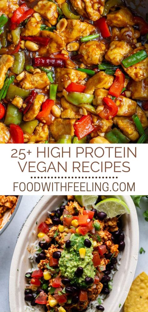 Looking for vegan and plant-based recipes that have plenty of protein? This roundup features over 25 High Protein Vegan Recipes that are easy to make and incredibly delicious. There's something for everyone, from soups and chilis to air fryer tofu and tempeh tacos. Each recipe is packed with nutrients, super satisfying and offers over 15 to 20 grams of plant-based protein per serving. Meatless Monday High Protein, Vegan Dinners High Protein, High Protein Veggie Recipes, High Protein Vegan Lasagna, Plant Base High Protein, Easy High Protein Plant Based Meals, High Protein Vegan Chili, High Protein Vegan Curry, Vegan High Protein Wrap