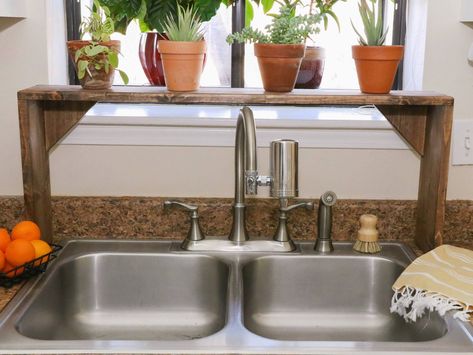 Above Kitchen Sink Window Ideas, Countertop Space Saver, Kitchen Plants Decor Small Spaces, Plants Over Kitchen Sink, Over Kitchen Sink Decor, Over Kitchen Sink Shelf, Unused Space Ideas, Over The Kitchen Sink Shelf, Countertop Shelf Kitchen