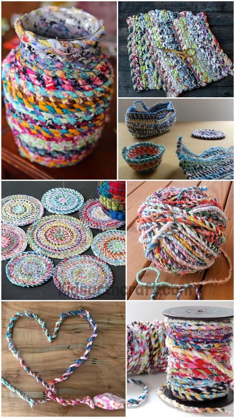 Fabric Twine Crafts Making Twine From Fabric Scraps, Recycle Fabric Ideas, Fabric Scrap Twine, Fabric Twine Projects Ideas, Crochet With Fabric Strips, Fabric Strips Projects, Fabric Twine Projects, Weaving Fabric Strips, Twine Weaving