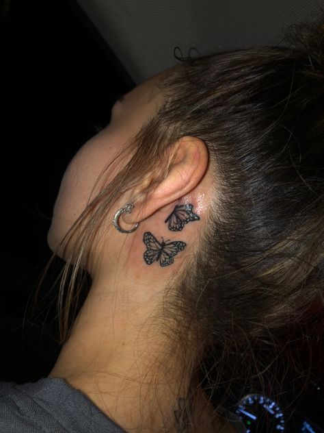 Behind Ear Tats Butterfly, Two Butterflies Tattoo Behind Ear, 3 Butterfly Tattoo Small Behind Ear, Black Butterfly Neck Tattoo, Behind Ear Tattoo Butterflies, Butterfly Tattoos Behind Ear, Butterflies Behind Ear Tattoo, Butterfly Behind Ear Tattoo, Butterfly Tattoo Ear