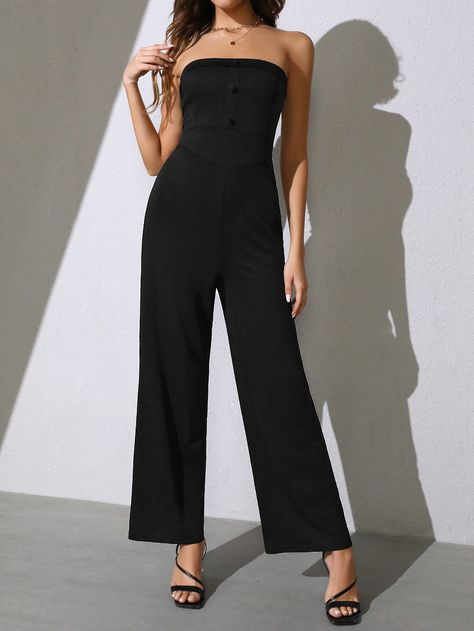 Black Elegant Collar Sleeveless Polyester Plain Tube Embellished Slight Stretch  Women Jumpsuits & Bodysuits Tube Jumpsuit, Black Tube, Jumpsuits For Women, Wide Leg, Jumpsuit, Collar, Dresses, Black