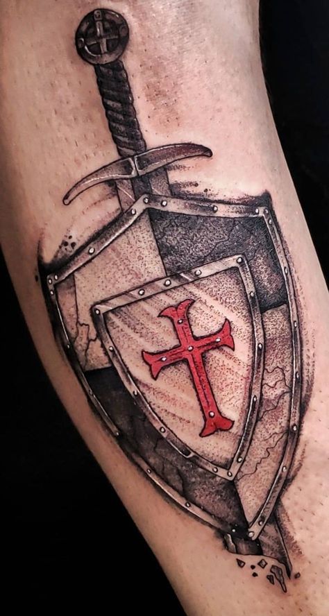 Knights Of Templar Tattoo, St George Shield Tattoo, Christian Shield Tattoos For Men, Armor Of God Tattoo For Men Forearm, Crusader Shield Tattoo, Crusader Helmet Tattoo, Helmet Of Salvation Tattoo, Crusades Tattoo, Crusader Cross Tattoo