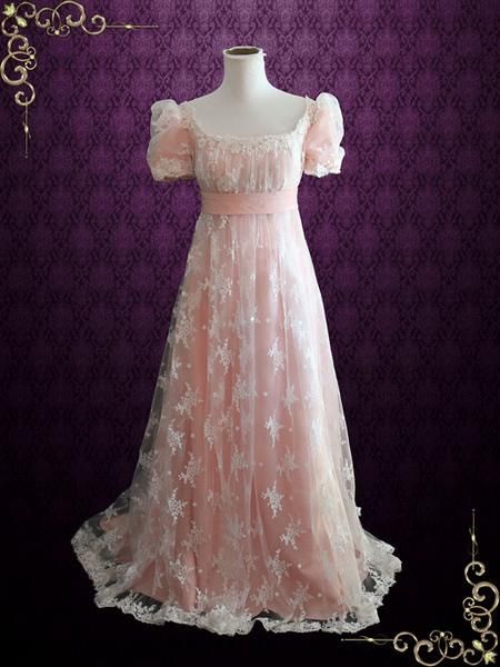 Pink Lace Regency Style Ball Gown Wedding Dress | Helena Regency Dress Aesthetic, Lace Overlay Wedding Dress, Regency Gown, Regency Era Fashion, Era Fashion, Regency Dress, Regency Fashion, 파티 드레스, Princess Ball Gowns