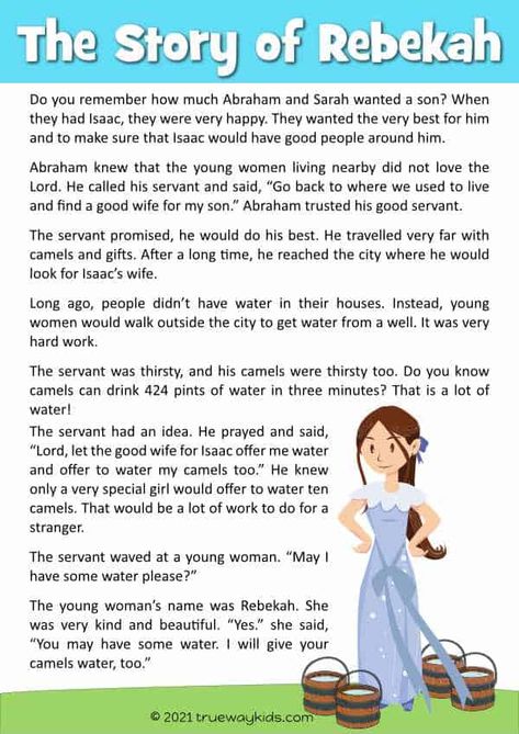 Check out this pin for all the details you need to teach your 5-10 year old kids about the Rebekah Bible story! With worksheets, study guide, Bible story, games, crafts, coloring pages, and more, your kids will love learning about this amazing woman from the Bible. Rebekah Bible Woman, Bible Reading For Kids, Isaac And Rebecca Bible Story, Bible Stories For Kids Sunday School, Bible Story Games, Bible Stories To Read, Rebekah Bible, Abraham Bible Story, Children Bible Stories