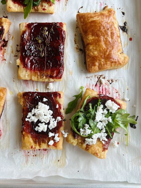 Upside Down Puff Pastry Savory, Meals For Hosting, Upside Down Puff Pastry Squares, Upside Down Puff Pastry Recipes, Upside Down Pastry, Balsamic Beets, Upside Down Puff Pastry, Hosting Food, Fennel Slaw