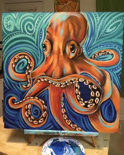 Trippy Octopus Painting, How To Paint An Octopus Step By Step, Octopus Canvas Painting, Funky Art Painting Easy, Octopus Painting Acrylic Easy, Octopus Painting Easy, Ocean Themed Paintings, Octopus Art Painting, Octopus Painting Acrylic